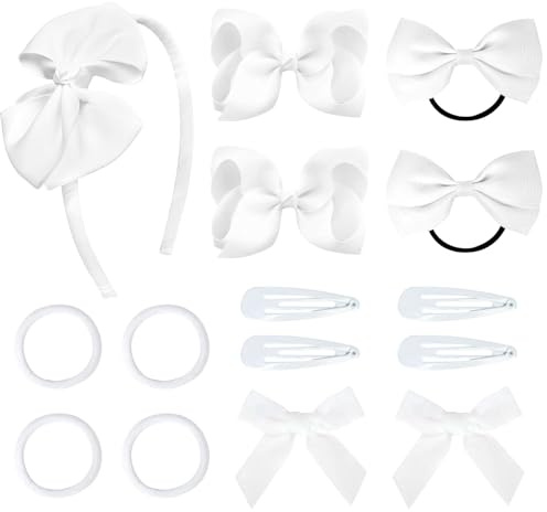 Conjunto de 15 Accesorios para el Pelo de Niñas, Blanco, Diadema con Lazo Negro, Pinzas, Coleteros, Accesorios para el Cabello para Niñas, Bebés, Adolescentes