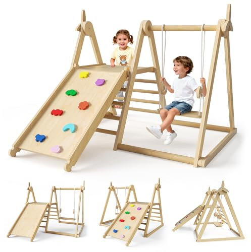 Toddler Climbing Frame, Wooden Climbing Tripod Set, with swing, slide, climbing ladder, climbing board, windmill, Montessori Climbing Fitness Set, for Kids Aged 1-3 In&Outdoor Use (Wood color-5 in 1)