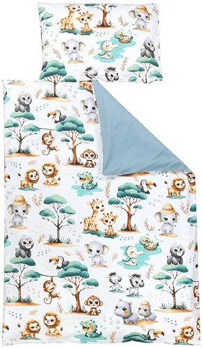 TupTam Kinder Bettwäsche Set Babybettwäsche Bettbezug 100 x 135 120 x 90 Kissenbezug 40 x 60 Jungen Mädchen 2-TLG, Farbe: Dschungeltiere Weiß/Grün/Beige, Größe: 120x90 cm