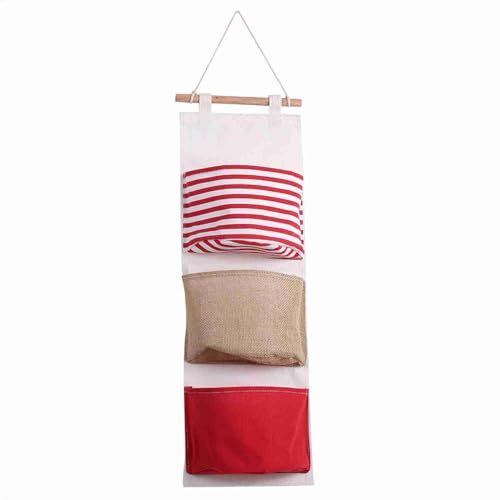 WAHEWUD 3-lagige hängende Aufbewahrungstasche aus Baumwollleinen mit Spitzenbesatz, PE-Rückseite und abnehmbarem Holzkordel, Wand- oder Tür-Organizer für Schrank, Badezimmer, Küche, (Rot)