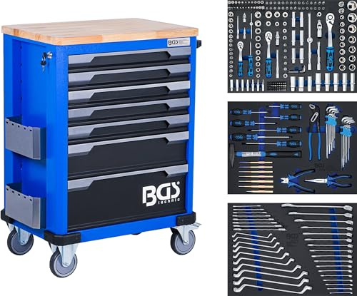BGS 6066 | Bestückter Werkstattwagen | 7 Schubladen | 263 Werkzeuge | Tragfähigkeit max. 260 kg | Schubladenauszug 100 % | 3 Werkstattwageneinlagen 3/3 | Massivholz-Arbeitsplatte