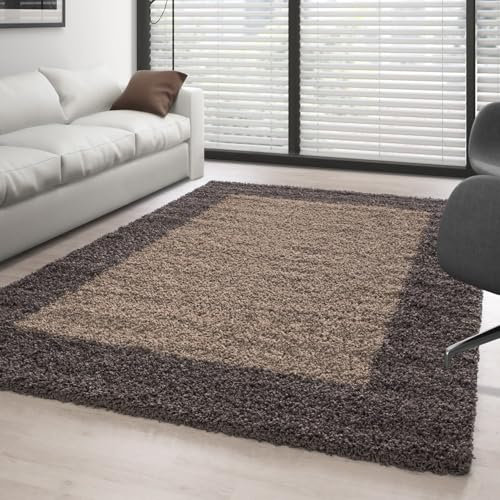Carpettex Teppich Hochflor Shaggy Flokati Modern Bordüre Design 240 x 340 cm Taupe - Weich Flauschig Waschbar Teppich für Wohnzimmer, Schlafzimmer, Esszimmer, Küche, Diele
