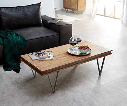 DELIFE Wohnzimmertisch Stonegrace Akazie Natur Schiefer 117x60x35 Steinfurnier Designer Couchtisch