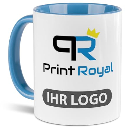 Tassendruck Firmen-Tassen 12 Stück mit eigenem Logo gestalten - Geschenke zum Firmenjubiläum, für Kollegen, Merchandise, B2B | Personalisierte Fotogeschenke, Innen & Henkel Hellblau, 300 ml