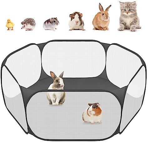 Small Animals C&C Cage Tent, Breathable & Transparent Pet Playpen Pop Open Outdoor/Indoor Exercise Fence, Portable Yard Fence for Guinea Pig, Rabbits, Hamster, Chinchillas and Hedgehogs (Black)