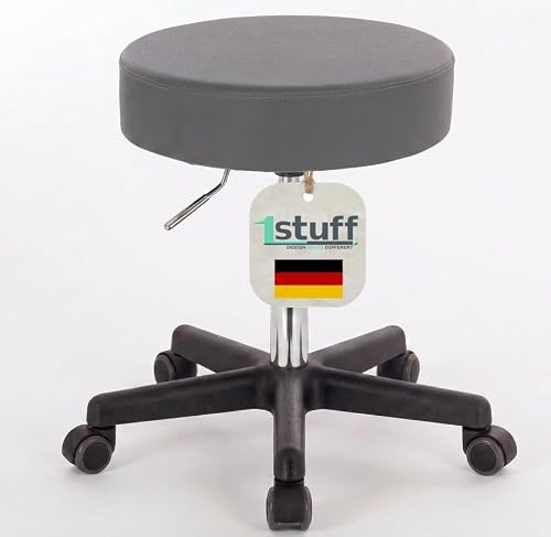 1stuff XL Profi Rollhocker, 40cm Sitzbreite, Sitzhöhe bis 70cm, D-Grau | 1stuff-Qualität vom Fachhändler, Studiohocker höhenverstellbar, Drehhocker 360°, Bürohocker, große Sitzfläche, PU-Rollen
