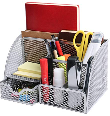 OKPOW Desk Organisers, Office Mesh Desk Tidy Organiser 6 Components Pen Holder with Drawer Multifunctional Stationary Organiser Silver