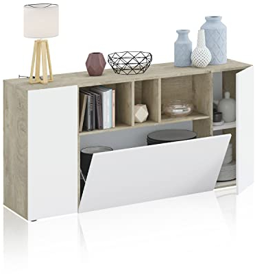 Habitdesign Aparador 3 Puertas, Buffet para salón, Armario Auxiliar, Modelo Loira, Acabado en Roble Alaska y Blanco Artik, Medidas: 150 cm (Ancho) x 76 cm (Alto) x 41 cm (Fondo)