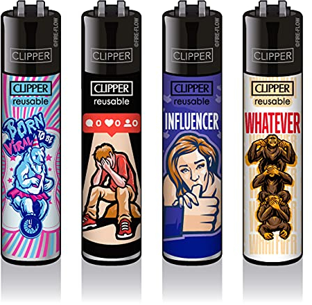 Clipper® Feuerzeuge - 4er Sets -neuste Kollektion- Social Media + 1 x Clipper Dhobia FeuerzeugLMC156