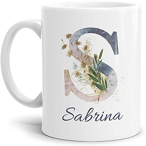 Tasse mit Buchstabe S und Blumen - mit Name personalisiert - Initiale, Namens-Tasse, Buchstaben Tasse, Geschenk I Keramik Weiß, 300 ml