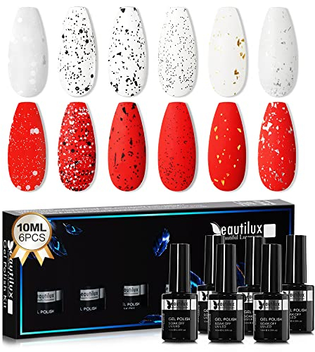 Beautilux 6 Farben Eggshell Glitter Gel Top Coat Set, Überlack Nägel Maniküre Kit 6pcs 10ml (Mattes Muster)
