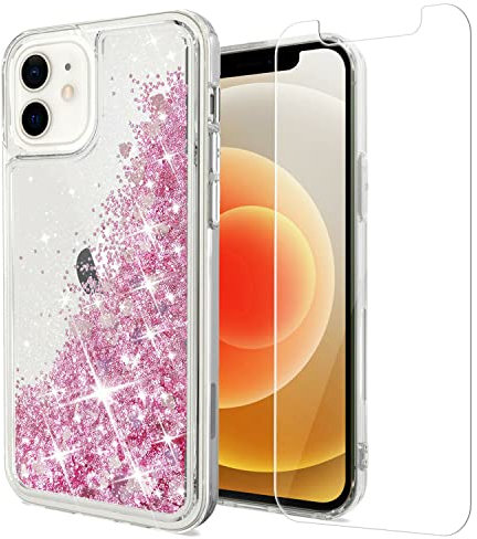 Mixroom - Custodia Cover Case Trasparente + Pellicola per Apple iPhone 12 Mini con Brillantini Glitter in Gel Liquido Quicksand Colore Rosa