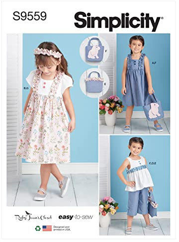 Simplicity SS9559A Children's Dress, Top, Pants, Purses and Headband A 3-4-5-6-7-8