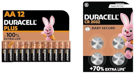 Duracell Plus AA Mignon Alkaline-Batterien, 1.5V LR6 MN1500, 12er-Pack & Specialty 2032 Lithium-Knopfzelle 3 V, 4er-Packung, mit Kindersichere Technologie (CR2032 /DL2032)