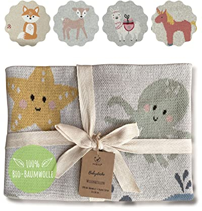 nidito Babydecke Baumwolle - 100% kuschelige GOTS Bio-Baumwolle - Meer-Tiere, Beige, Grau, Blau, Mint | Junge/Mädchen Strickdecke Neugeborenen Baby Decke Baumwolldecke Kuscheldecke Baby Geschenke