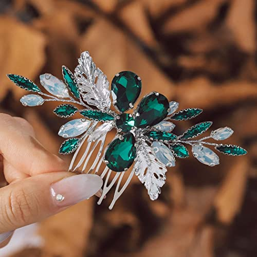 IYOU Braut Hochzeit Kamm Grün Kristall Haarstücke Strass Hochzeits Seitenkämme Abschlussball Braut Haarschmuck für Frauen
