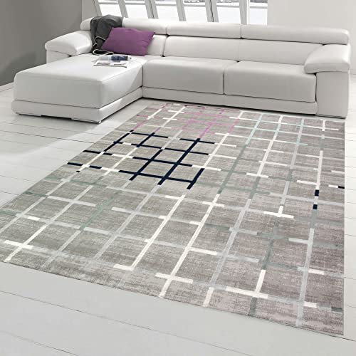 Designer und Moderner Teppich Wohnzimmer in Grau Lila Blau Türkis Größe 200 x 290 cm