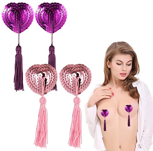 Xinjieda Reusable Adhesive Nipple Covers, Heart-Shaped Silicone Pasties with Tassels (lila+rosa)