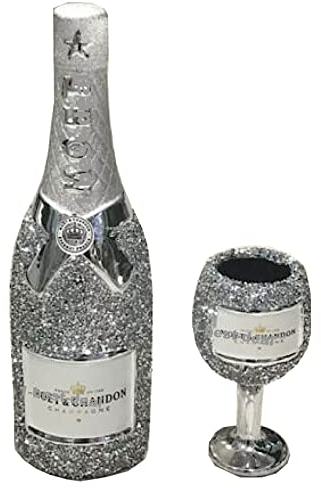 Silver Sparkle Ornament Bling Crushed Diamond Gift | CRYSTALLIZED Wine Bottle with Glass goblet gift for him/her |Handmade Craft | Crushed Diamond Display | Gift/Present for all Occasion (Glass pack2)