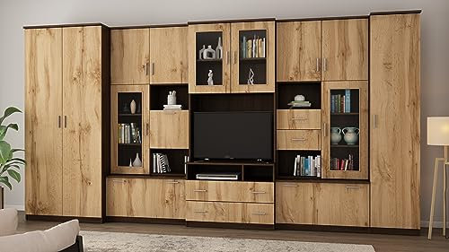 eMeblast Wohnwand Lena - Schrankwand - Vitrinen - Hängeschrank - Wohnzimmer - Klassisches Design - Elegant Möbel - Wohnzimmerschränke - BxHxT 405x210x53-5 Schränke - TV-Schränke - Dark Sonoma/Wotan