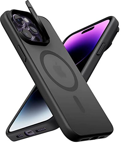UCASONG Magnetic Case for iPhone 14 Pro Max Compatible with MagSafe Built-in Stand Camera Cover, Translucent Matte Hard PC Back with TPU Bumper Military Grade Protection Shockproof Cover, Black