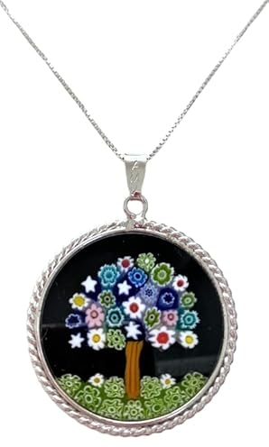 Collar para mujer con colgante Murrina Milefiori Venezia de cristal original de Murano y plata 925, diámetro 23, media, Plata esterlina, Cristal de Murano.