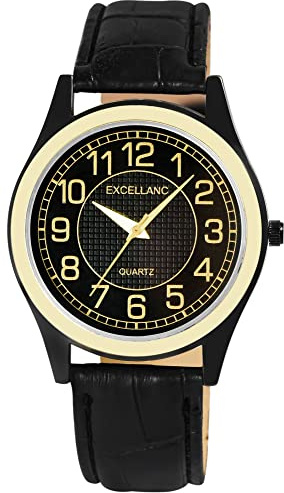 Excellanc Herren-Uhr Kunstleder Dornschließe Analog Quarz 2900228 (schwarz goldfarbig)