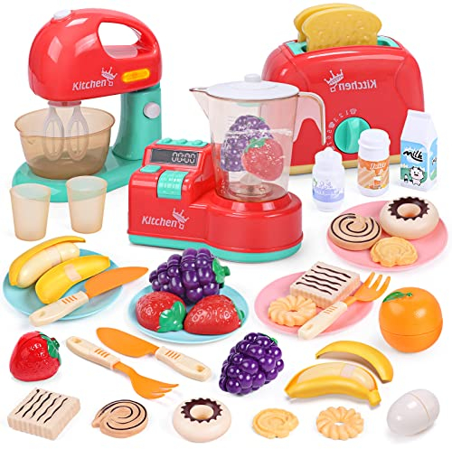 CUTE STONE Ensemble de Jeu d'appareils de Cuisine pour Enfants, mélangeur et mélangeur de Cuisine pour Enfants avec Son et lumières, Grille-Pain de Jeu, Coupe-Aliments,Jouets de Cuisine pour Enfants