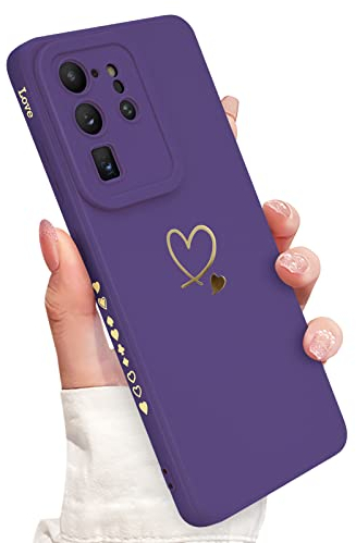 Newseego Compatibile con Samsung Galaxy S20 Ultra Cover, Cute Gold Love Heart Pattern Donne Ragazze Morbido Silicone Liquido Protezione Fotocamera Cornice Laterale per Samsung Galaxy S20 Ultra-Viola