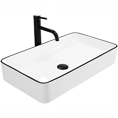 Rea Aufsatzwaschbecken Denis Black Edge, Waschtisch Handwaschbecken Waschschale Waschbecken für Badezimmer aus hochwertiger Keramik, 615 x 350 x 110 mm (weiß/schwarz)