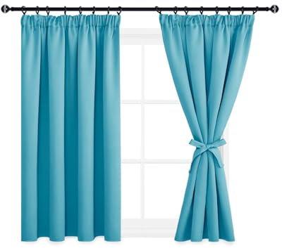 DWCN Vorhänge Blickdicht Verdunkelungsvorhänge Thermovorhänge mit Kräuselband Gardinen mit Vorhang-Krawatten, Fensterdeko Schlafzimmer Vorhang Kälteschutz, 137x167cm(HöhexBreite), Türkis, 2er Set