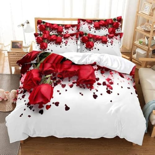 AOXHFNV Rose Duvet Cover Set - 3D Red Rose Bedding Set for Girls - 3-Piece with 2 Pillowcases (Red A, 135 x 200 cm)