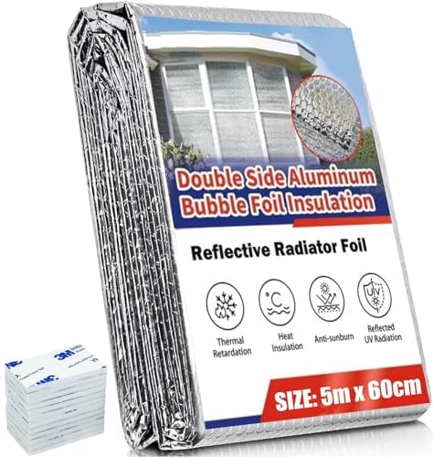 KAHEIGN Lámina de Aislamiento del Radiador, 5m x 60cm Reflector de Lámina de Aislamiento de Burbujas 4mm Espesor Reflector de Radiador Envolvente Reflectante de Calor con 12 Almohadillas Adhesivas