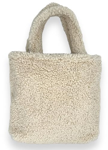 Ziona Teddyfell Umhängetasche Plüsch Shopper Fell Beutel Handtasche Damen Flauschige Schultertasche Einkaufstasche (Beige)