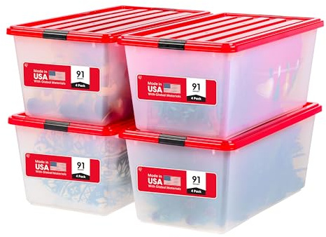 IRIS USA 91 Qt/22.75 Gal Stackable Nestable Plastic Christmas Storage Bins Organizer with Lids and Latching Buckles, 4-Pack, Containers with Lids, Christmas Decoration Light Storage, Clear/Red