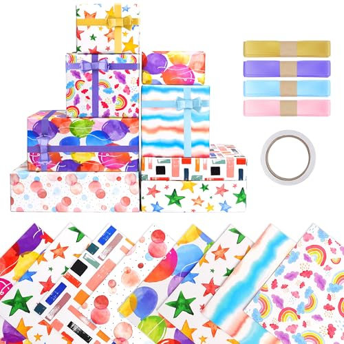 8 Stück Geschenkpapier Set für Kinder - Regenbogen Geburtstag mit Schleife und Klebeband - für Mädchen und Jungen (50x70cm)
