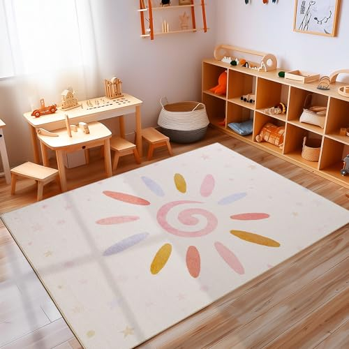 Teppich Kinderzimmer Creme Mädchen & Junge Flauschiger Kinderteppich Waschbar Weich Spielteppich Läufer Flur Carpet Teppich rutschfest Sonnenmuster, 140 x 200 cm