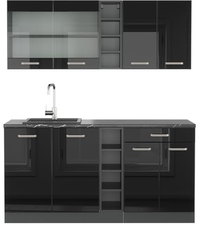 Vicco Singleküche R-Line, Schwarz Hochglanz/Anthrazit, 160 cm, AP Anthrazit