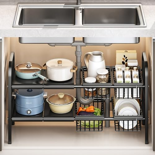 Stocomodi Extendable Under Sink Storage Rack with Baskets, Kitchen Bathroom Cabinet Organiser Storage Shelves, 2-Tier Spice Rack Pan Pot Holder Organizer, Multifunctional Storage Rack