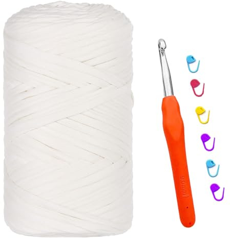 T-shirt Garn, 400G/120M Tshirt Garn zum Häkeln, Textilgarn mit 9,0 mm Häkelnadel, Dickes Darn für Taschen Häkeln, Körbe, Teppiche, Kunsthandwerk (Weiß)