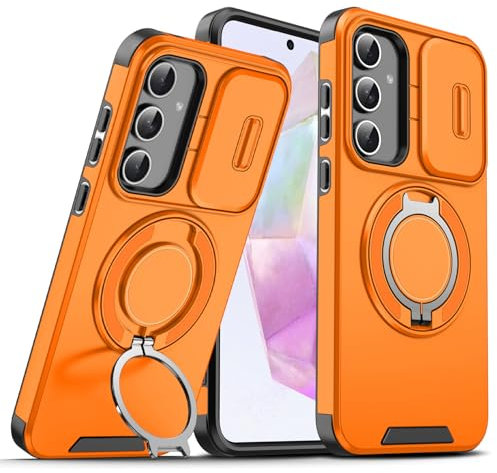 BAFUGU Funda Magnética para Samsung Galaxy S24 FE ección de la Cubierta de la cámara Deslizante, Compatible con MagSafe, Soporte de Anillo de 360 Grados,Funda de teléfono a Prueba de caídas-Naranja