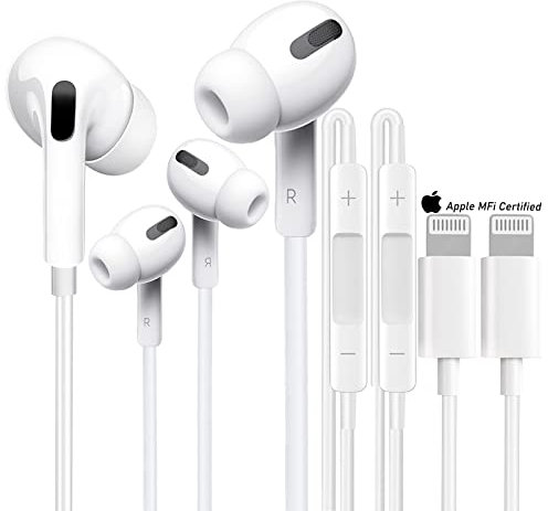 2PC In-Ear Headphones for iPhone [MFi Certified] HiFi Stereo Noise Cancelling Headphones with Built-in Microphone and Volume Control for iPhone 14/13/12/XR/XS/8/7Plus Supports all iOS Systems