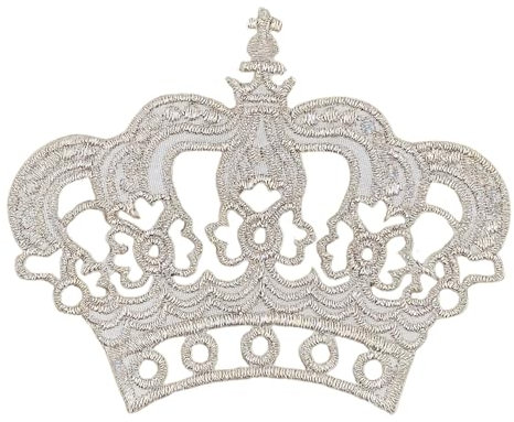 Krone Silber Metallic Prinzessin Aufnäher zum aufbügeln oder aufnähen Bügelbild Aufbügler für Kleidung gestickter Bügelflicken Applikation Patch Größe 8,0 x 6,5 cm