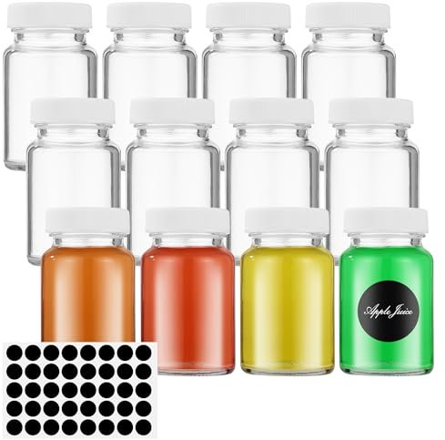 Nuangoo 12 Stück 60ml Shot Flaschen Zum Befüllen,Mit Deckel Wiederverwendbares kleines Glas,Mini Glasflaschen,Für Fruchtsäfte, Ginger Ale, Konzentrierte Getränke, Alkoholisch