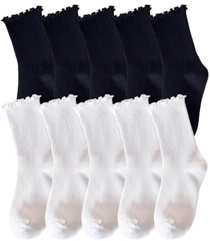 CYIOU 10 Paia Calzini Donna Arruffati Nero/Bianco Calzino Donna Morbidi Traspiranti Calzini Ondulati Calzini Casual Calze da Donna con Volan per Casa, Sport