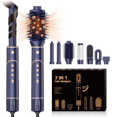 UKLISS 7 in 1 Pro Airstyler & Ionen Föhn [110,000RPM] High-speed Haartrockner Ionen Hair Dryer, mit Heißluft Lockenwickler Thermal Brush Haarglätterbürste Warmluftbürste Föhnbürste, 1200W/Blau