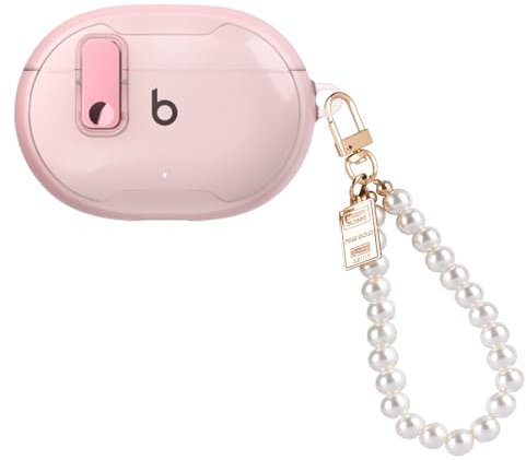 DiyGody Compatible for Beats Studio Buds/Studio Buds + Case with Luxury Pearl Keychain, Security Lock Clip Design TPU Shockproof Protective Cover Case for Beat Studio Buds Plus-Clear Pink