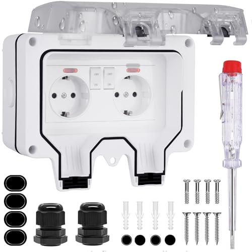 Presa Esterna Impermeabile IP66 - Doppia Presa Elettrica Esterna da Muro con Interruttore Luminoso Coperchio 16A per Giardino Terrazza Garage Cantina Piscina Bagno Casa Spazio Esterno