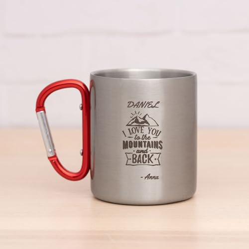 Wanapix | Tazza in Acciaio Incisa con Moschettone | Capacità 30 cl | Personalizzata con Incisione Laser | Tazza per Campeggio e Montagna | Incidi qualsiasi Testo o Immagine