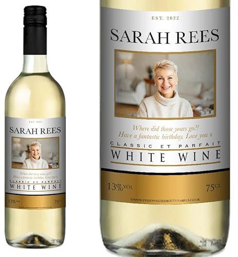 Personalised Photo White Wine 75cl with FREE Gold Gift Box. Any Name & Message.